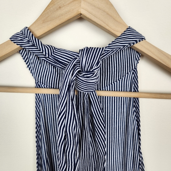 Faithfull the Brand Blue White Vertical Stripe Tie Neck Open Back Romper Sz S - Picture 5 of 9